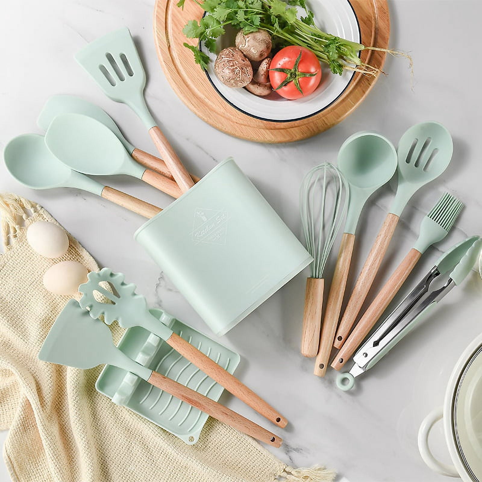 Kitchen Cooking Utensils Set, 11 pcs Non-Stick Silicone Cooking Kitchen Utensils Spatula Set with Holder, Wooden Hand... - Image 2