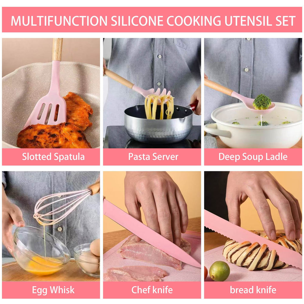 HEESEM 19-Piece Silicone Kitchen Utensil & Knife Set - Heat-Resistant Cooking Tools Non-Stick Safe Gift for Mom or Women Pink - Image 2