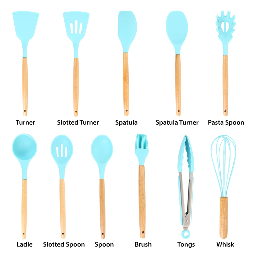 Light Teal 12 Piece Silicone and Wood Cooking Utensils - Image 2