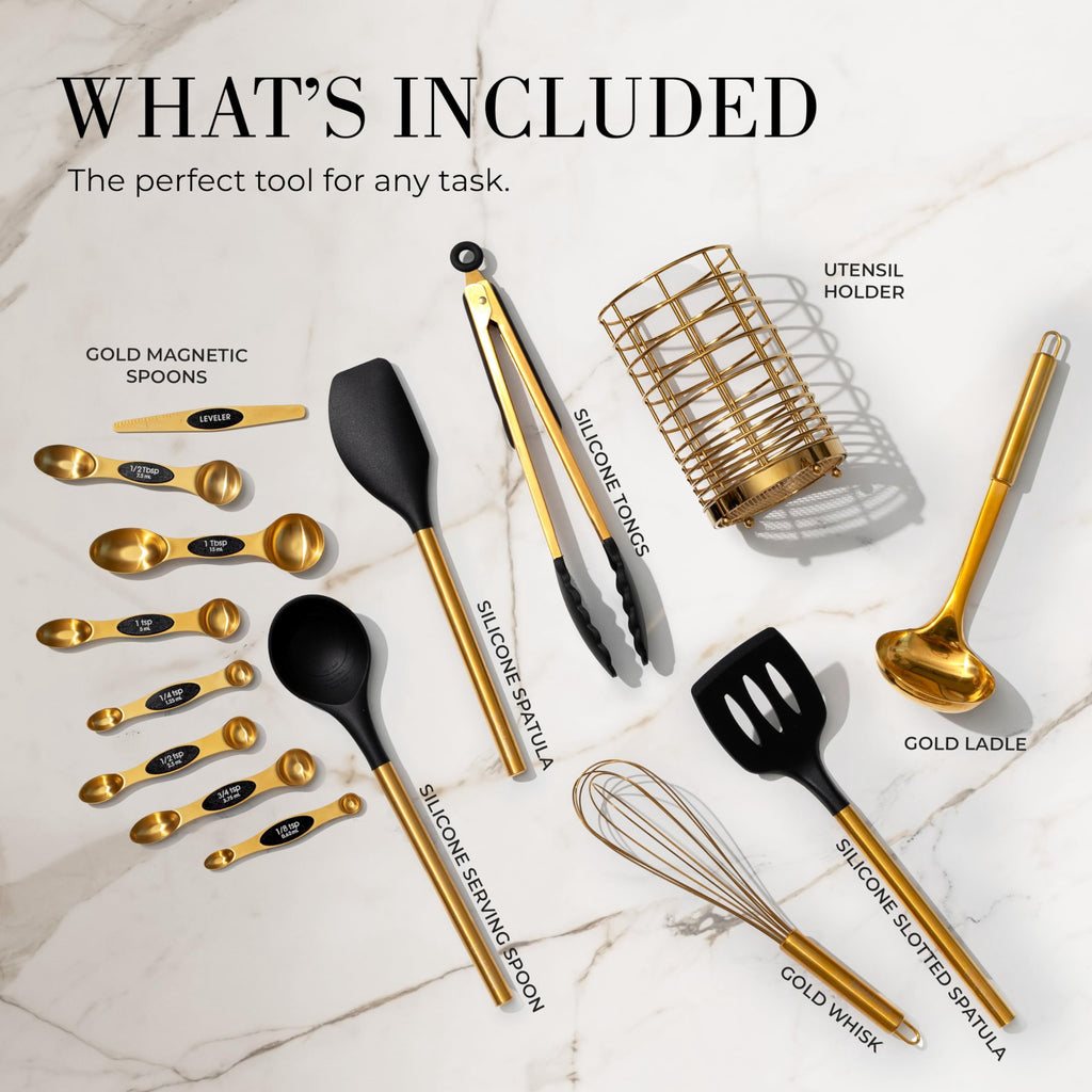 Black and Gold Kitchen Utensils Set - 15 Piece Set Includes Gold and Black Silicone Cooking Utensils with Gold Utensi... - Image 5