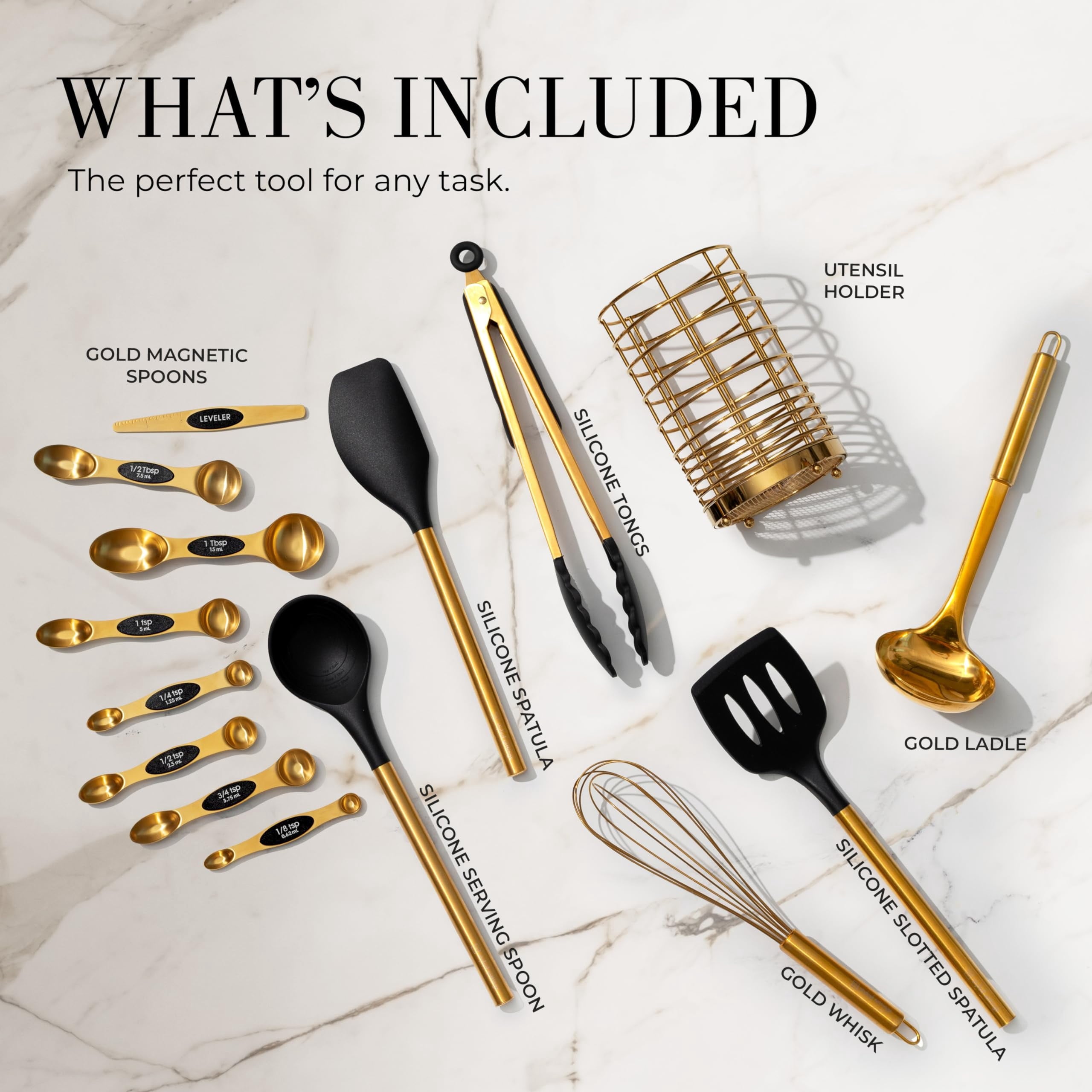 Black and Gold Kitchen Utensils Set - 15 Piece Set Includes Gold and Black Silicone Cooking Utensils with Gold Utensi... - Image 5