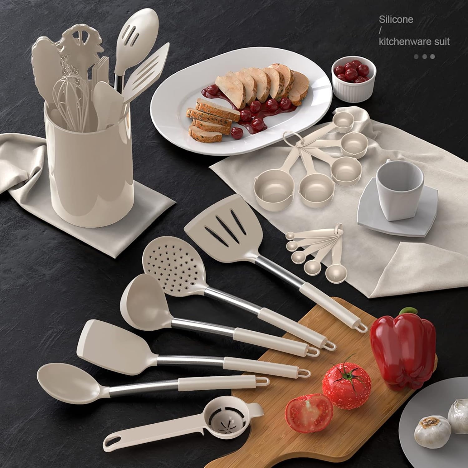 Large Silicone Cooking Utensils Set - Heat Resistant Kitchen Utensils,Turner Tongs,Spatula,Spoon,Brush,Whisk,Stainless Steel Silicone Cookin - Image 6