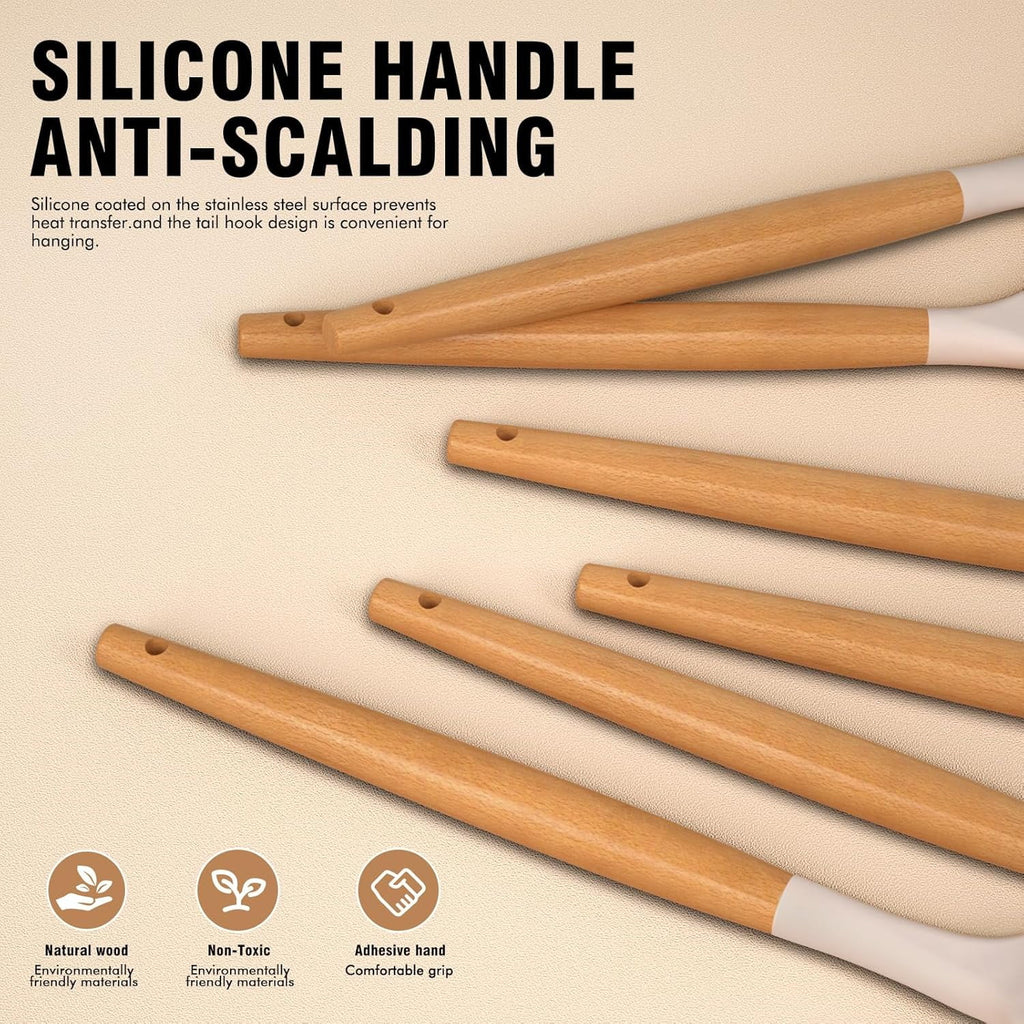 Kitchen Utensils Set, 24 Pcs Silicone Cooking Utensils Set with Holder, Non-Stick Silicone Cooking Kitchen Utensils with Wooden Handle Spatu - Image 6