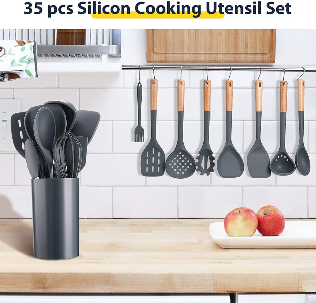35Pcs Puricon Chef Kitchen Cooking Utensils Set, Non-Stick Silicone Cooking Kitchen Utensils Spatula Set with Holder, Wooden Handle Silicone - Image 6