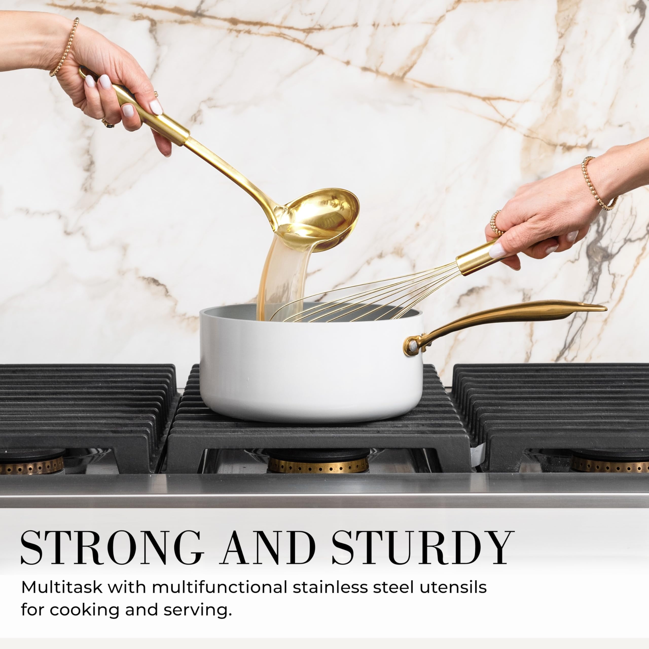 Styled Settings White and Gold Kitchen Utensils Set - 15-Piece Non-Scratch, White and Gold Utensils Set Includes White Silicone Cooking Uten - Image 6
