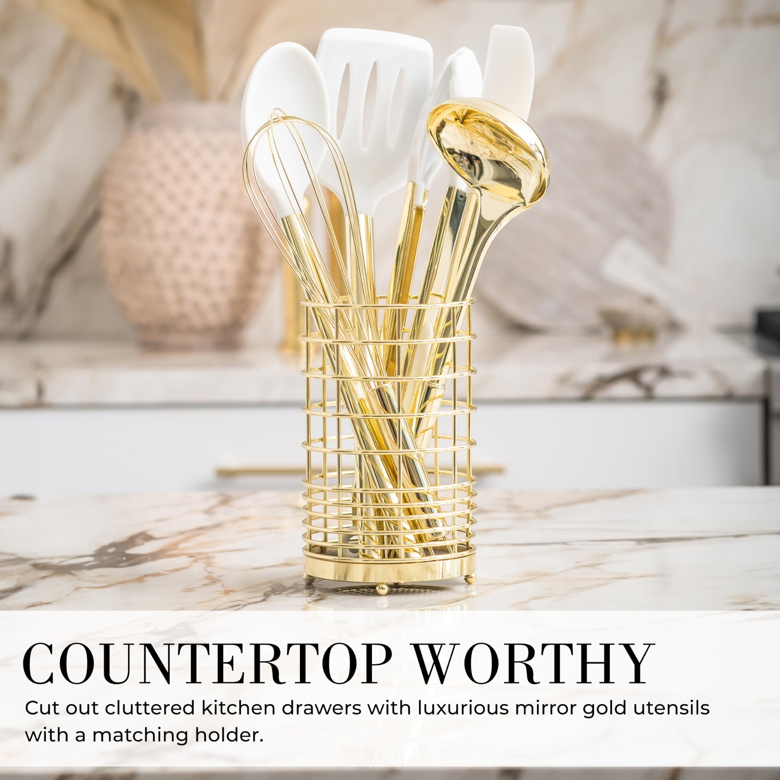 Styled Settings White and Gold Kitchen Utensils Set - 15-Piece Non-Scratch, White and Gold Utensils Set Includes White Silicone Cooking Uten - Image 3