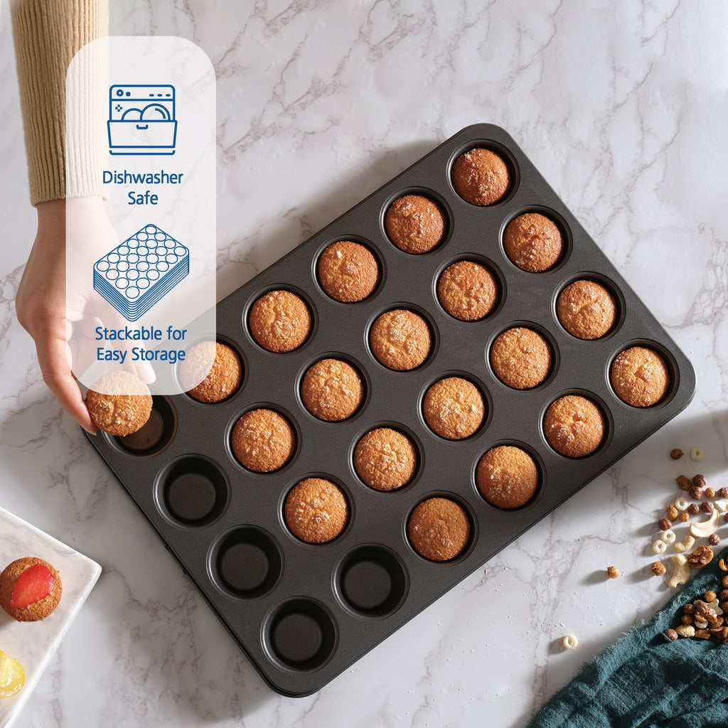 24 Cavity Mini Muffin Pan, Non-Stick Bakeware,1.8 inch Diameter Cups,Gray,Carbon Steel - Image 3