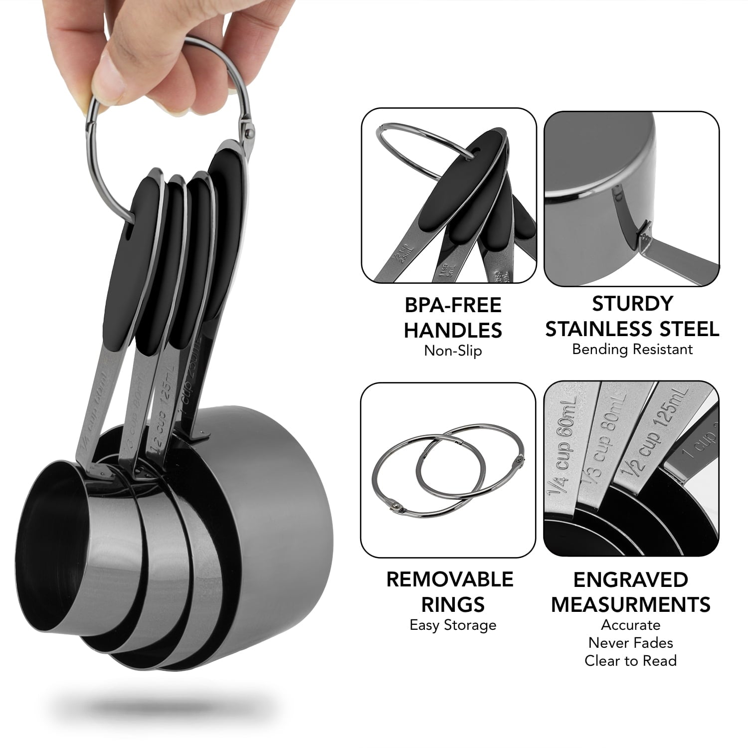 Country Kitchen 8 Piece Measuring Cups and Measuring Spoon Set - Stainless Steel with Soft Touch Handles - Image 6