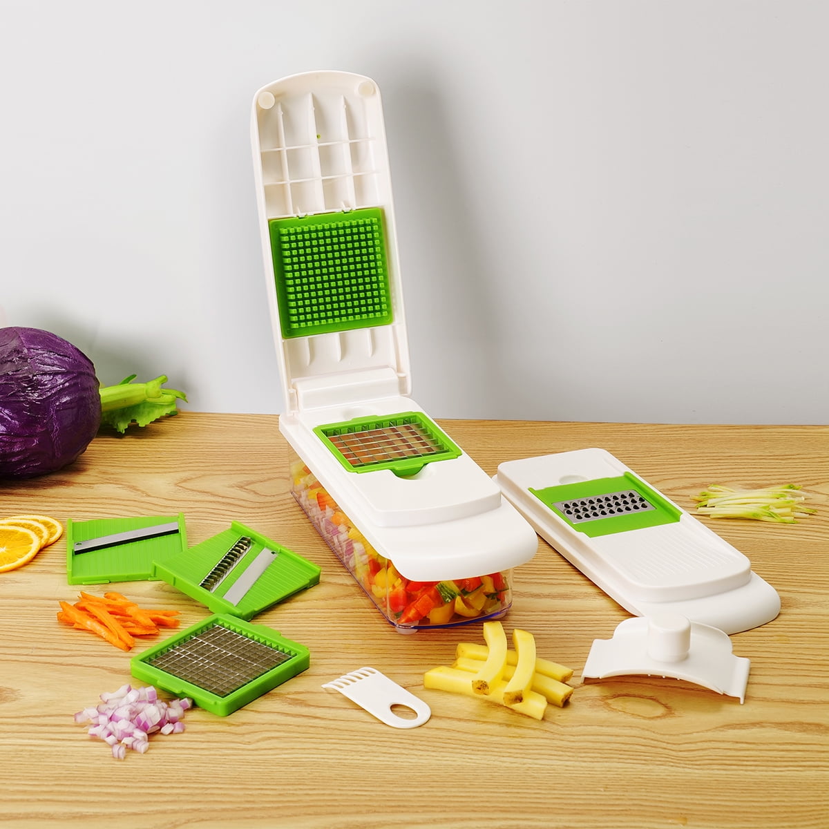 11 Pieces Multi-Function Nice Dicer and Mandoline, Stainless Steel, Green Glaze, 820g - Image 3