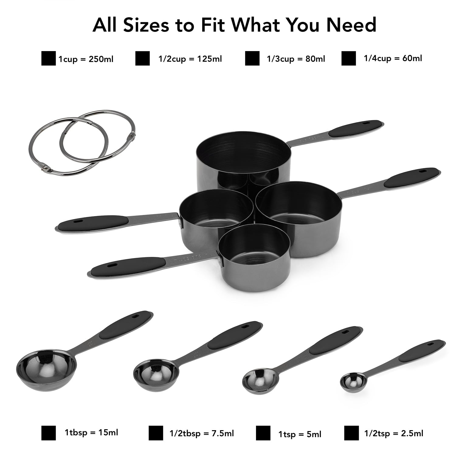 Country Kitchen 8 Piece Measuring Cups and Measuring Spoon Set - Stainless Steel with Soft Touch Handles - Image 3