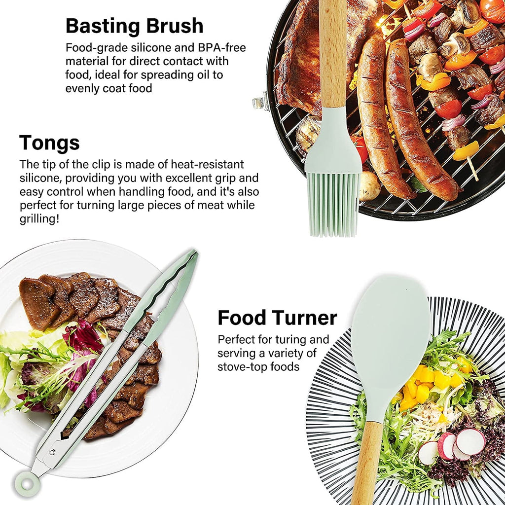 Silicone Cooking Utensils Set, 446°F Heat Resistant Wooden Handle Cooking Kitchen Utensils Spatula Set with Holder fo... - Image 6