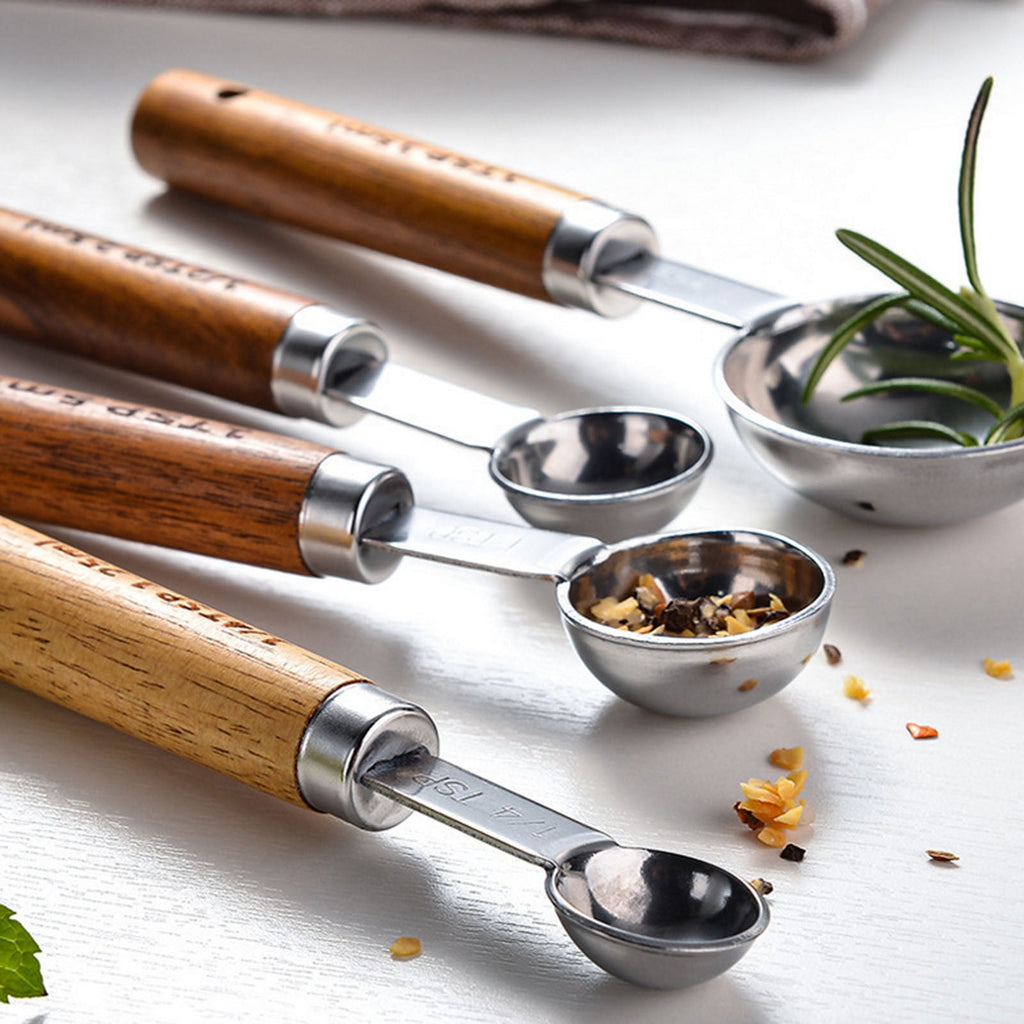 Professional Measuring Spoons Set - Stainless Steel with Wood Handles - Accurate US Measurement Markings for Baking, Cooking - Kitchen Tools - Image 3