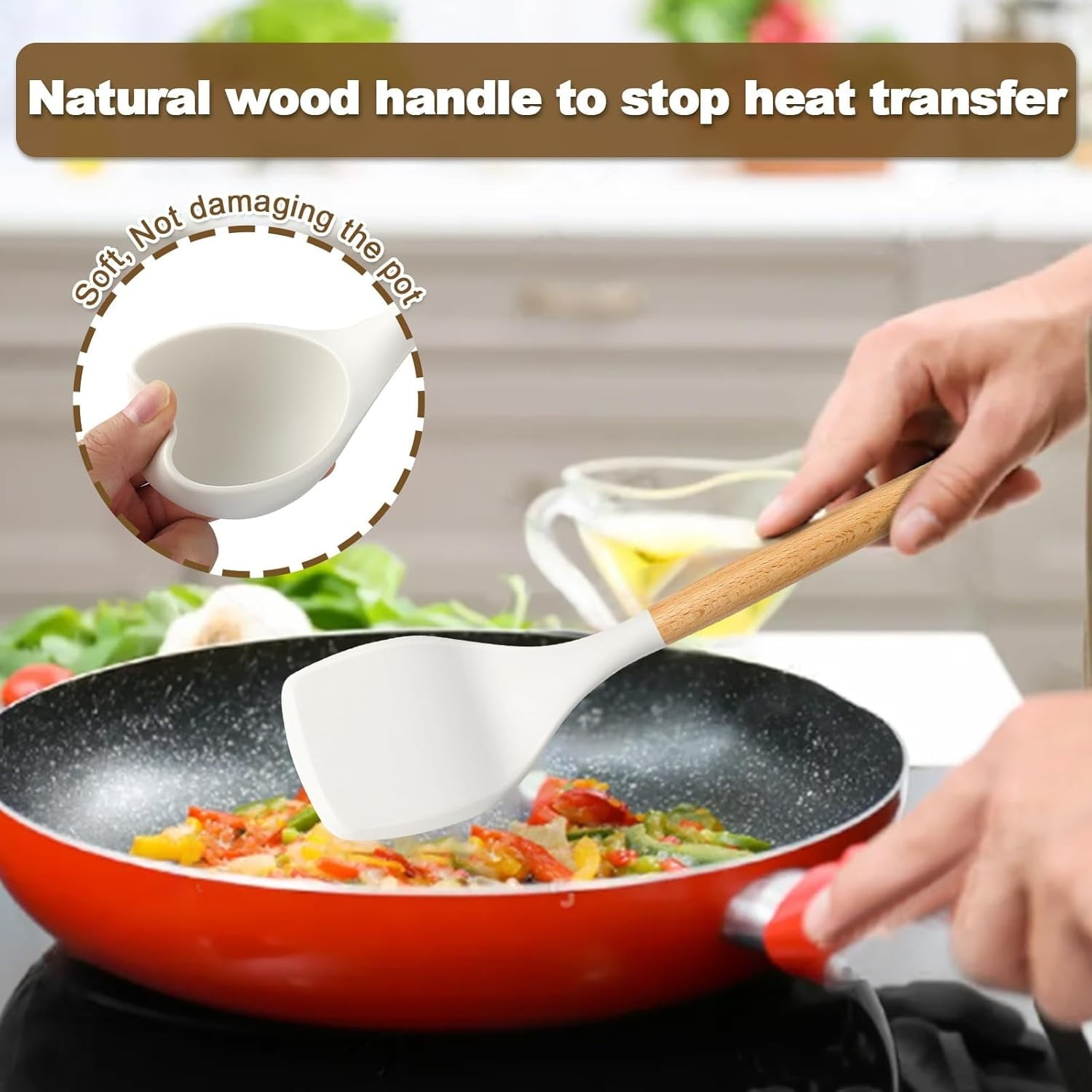 Silicone Cooking Kitchen Utensils Set, 16 Pcs Cooking Utensils Set with Holder, Heat Resistance, White Wooden Handle ... - Image 6