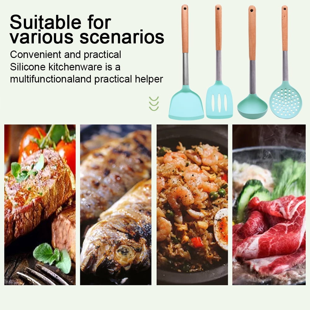 Silicone kitchen utensils with stainless steel handle, non-stick cooking spoon, wooden handle, silicone kitchen utensils - Image 6
