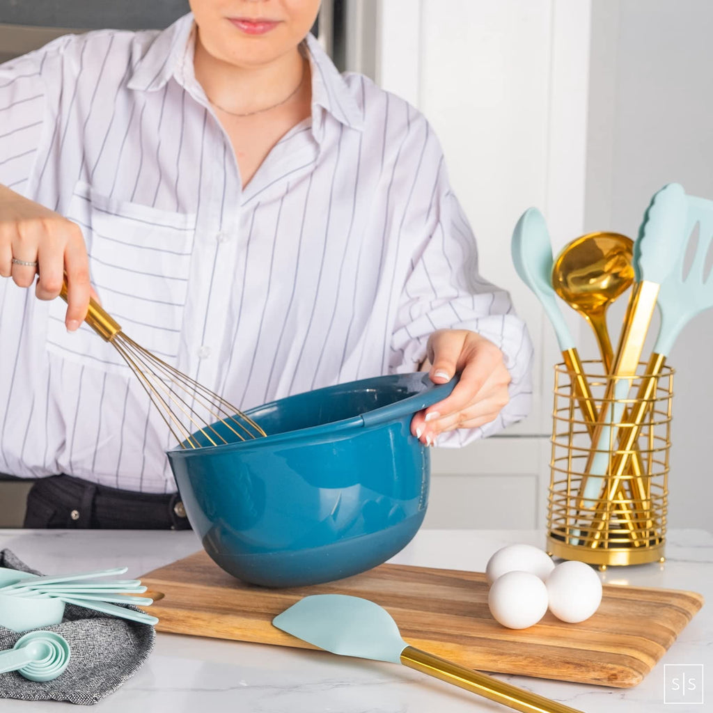 Teal & Gold Silicone Cooking Utensils Set with Holder - Image 3