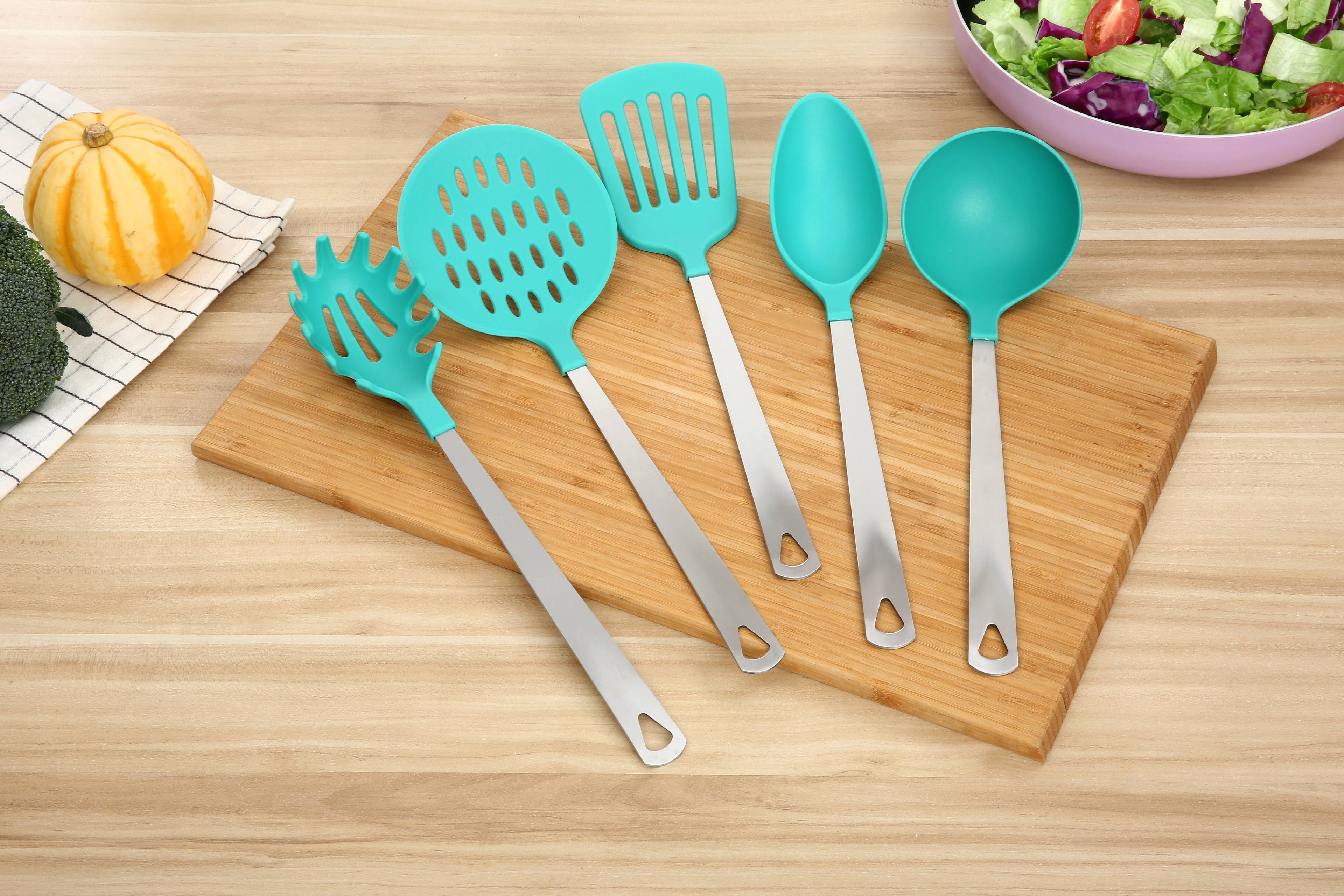 Mainstays Stainless Steel and Nylon Kitchen and Cooking Utensil Set, Spoon, Spatula, Ladle, Pasta Spoon and Skimmer Assorted Colors - Image 5