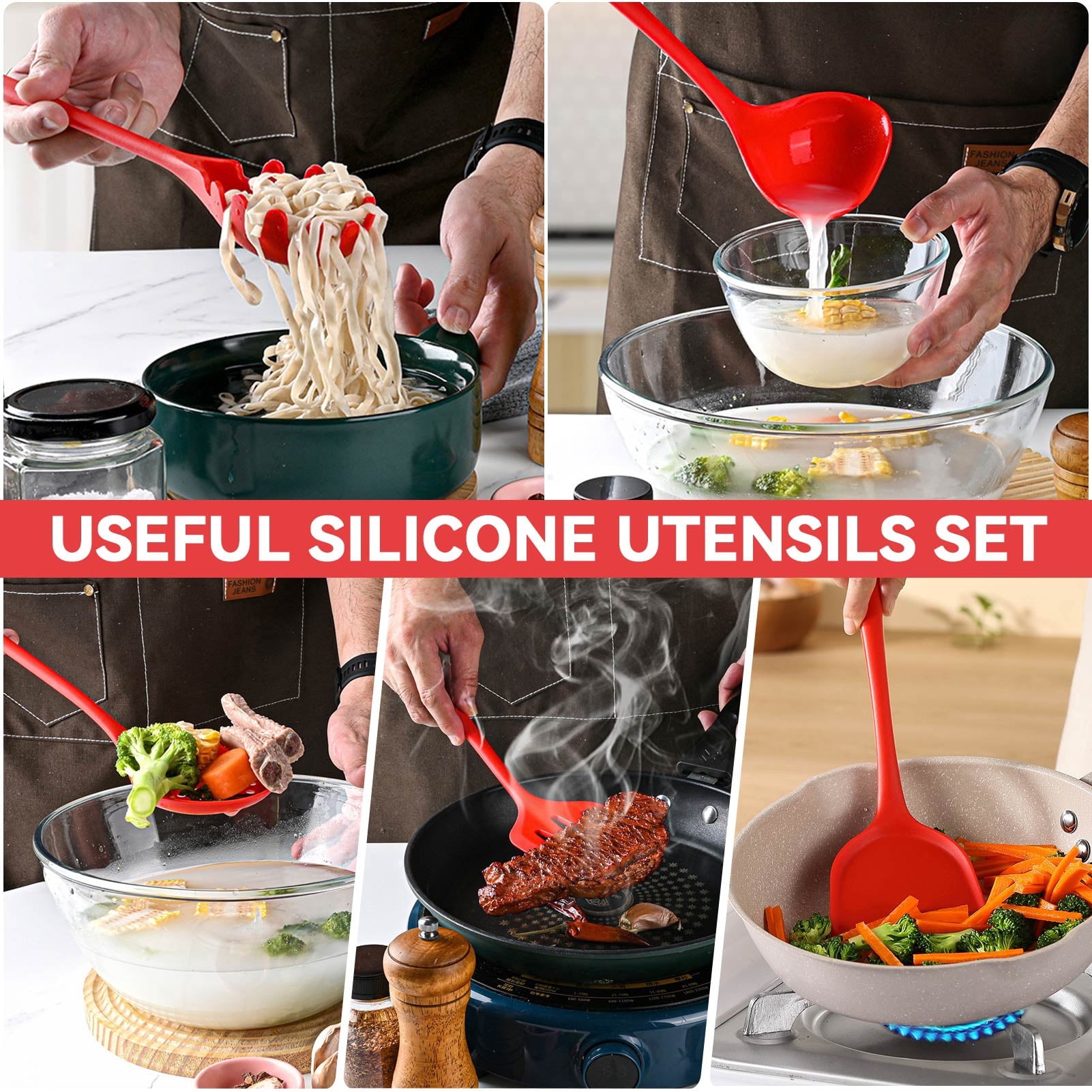 8 Piece Silicone Cooking Utensils Set, Red Kitchen Utensils with Spatula,Turner, Slotted Spoon, Pasta Server, Soup La... - Image 6