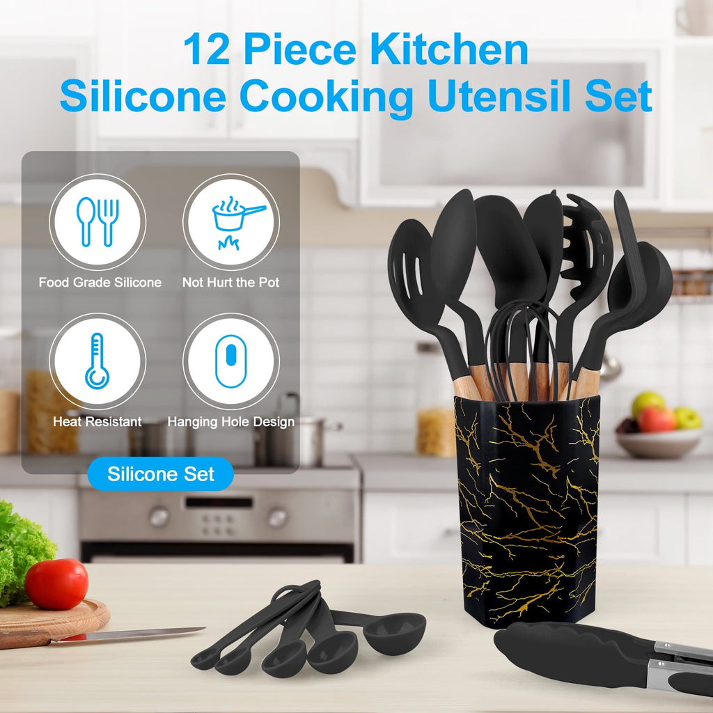 Silicone Cooking Utensils Sets with Utensils Holder AILKIN 12-Piece Wooden Handle Kitchen Utensil Set 600F Heat Resistant Non-stick Cookware - Image 2
