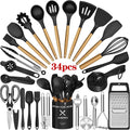 Kitchen Utensil Set, AOKIWO 34Pieces Silicone Cooking Utensil Set with Wooden Handle, Heat Resistant Spatula Set Gadgets Tools Cookware, Bla