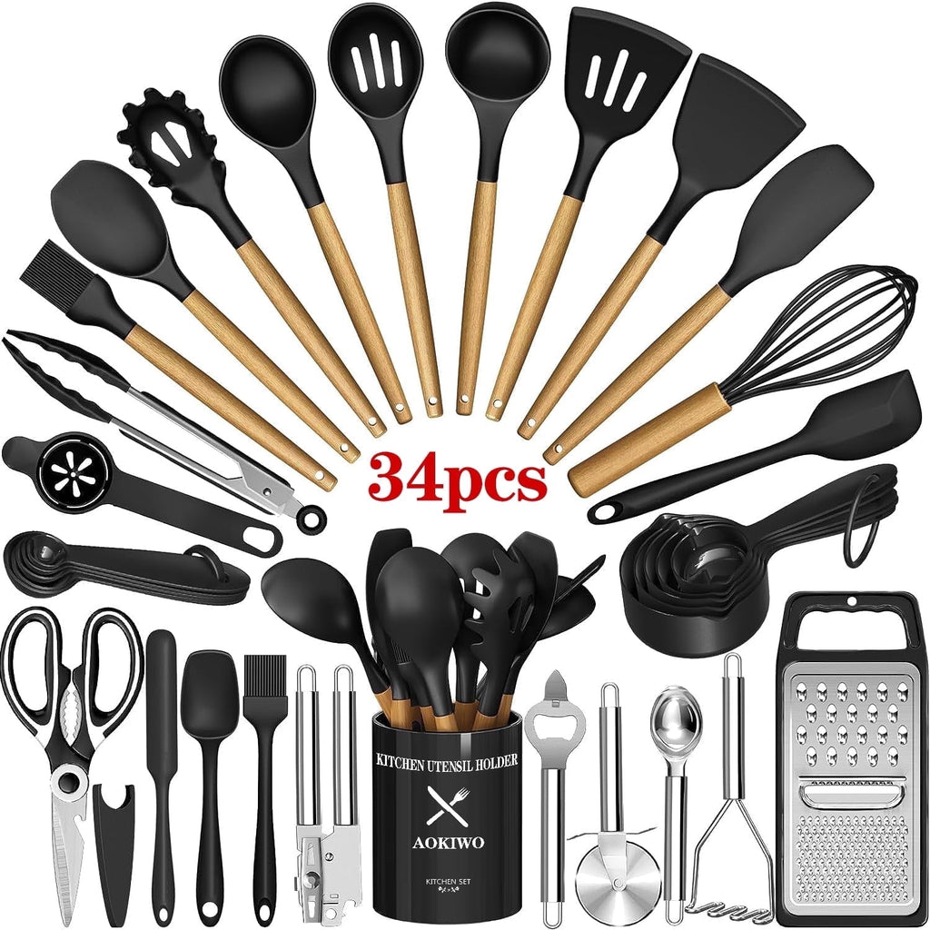 Kitchen Utensil Set, AOKIWO 34Pieces Silicone Cooking Utensil Set with Wooden Handle, Heat Resistant Spatula Set Gadgets Tools Cookware, Bla