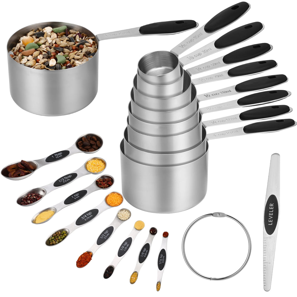 17 Pieces Measuring Cups and Magnetic Measuring Spoons Set Stainless Steel, 8 Measure Cups with Silicone Handle and 8...