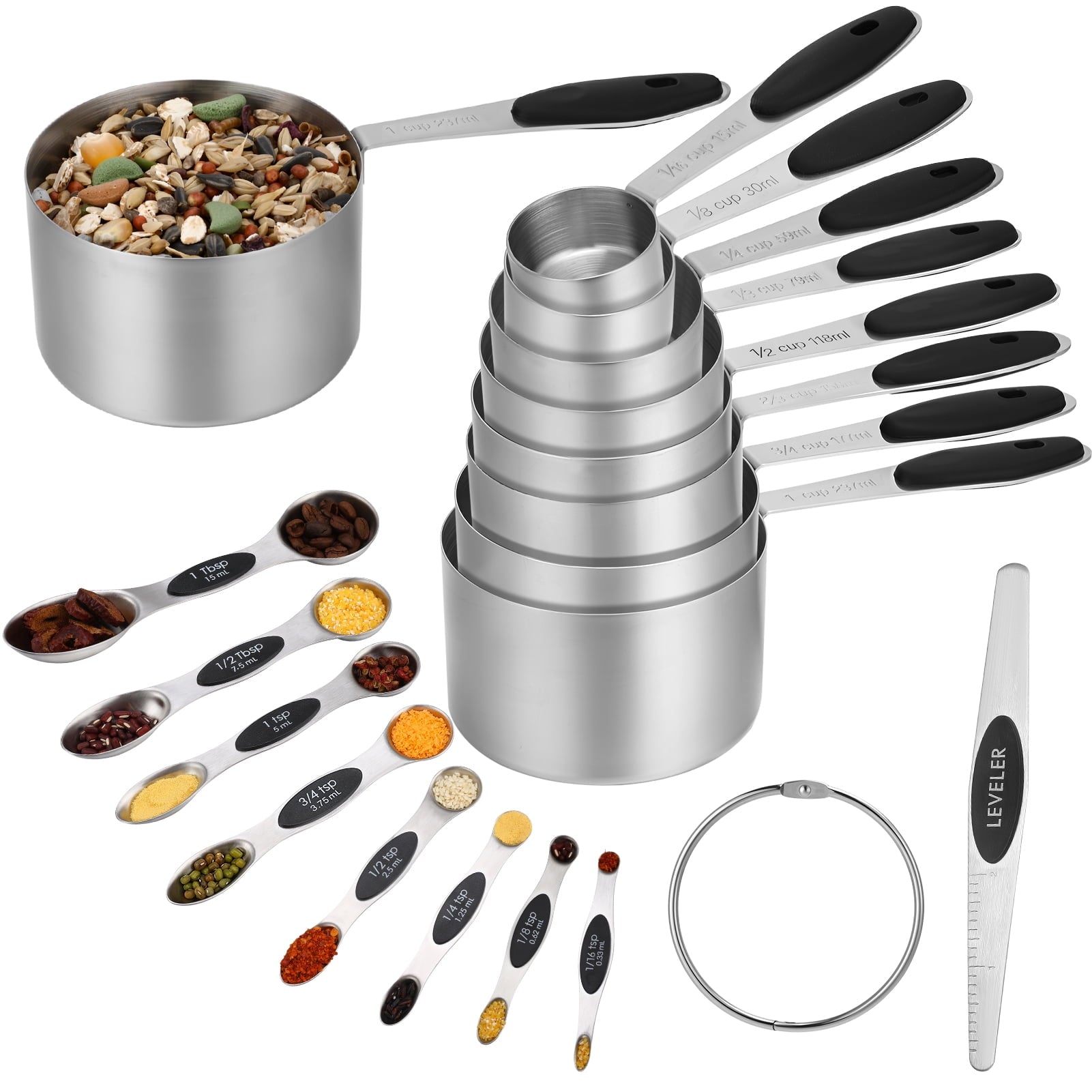 17 Pieces Measuring Cups and Magnetic Measuring Spoons Set Stainless Steel, 8 Measure Cups with Silicone Handle and 8...