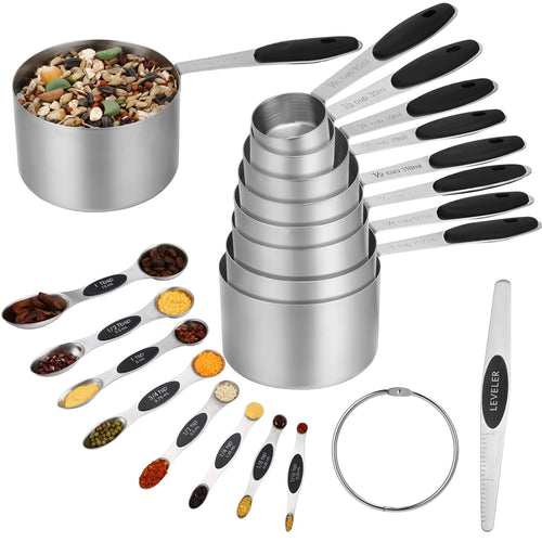 17 Pieces Measuring Cups and Magnetic Measuring Spoons Set Stainless Steel, 8 Measure Cups with Silicone Handle and 8...