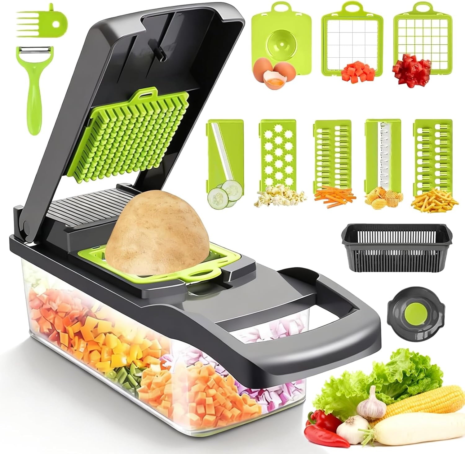 16-in-1 Vegetable Chopper - Pro Onion Chopper with 8 Blades, Veggie Slicer Dicer Cutter for Potato, Carrot & Garlic, ...