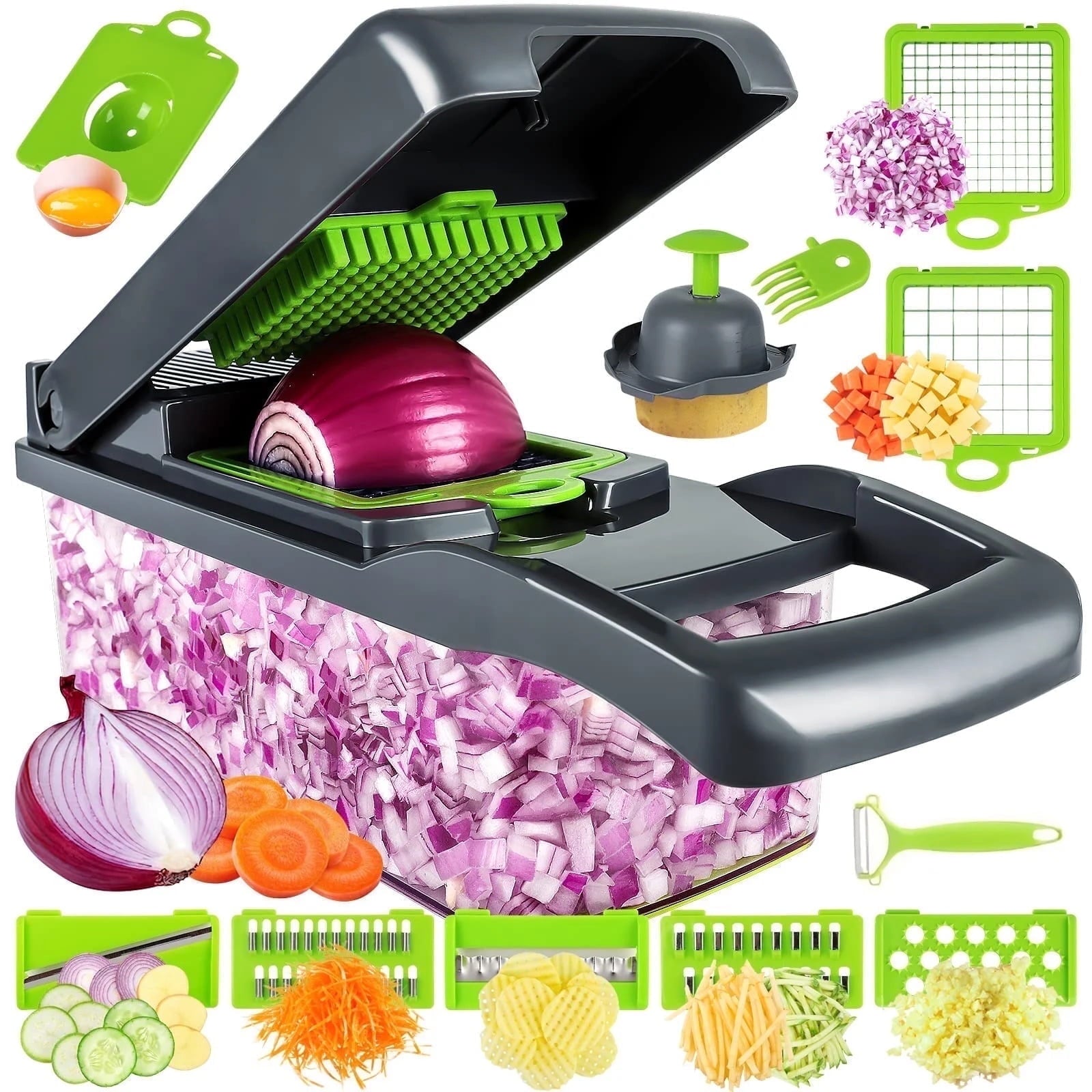 16-in-1 Food Dicer, Slicer, Shredder, Chopper for Vegetables with Stainless Steel Blades