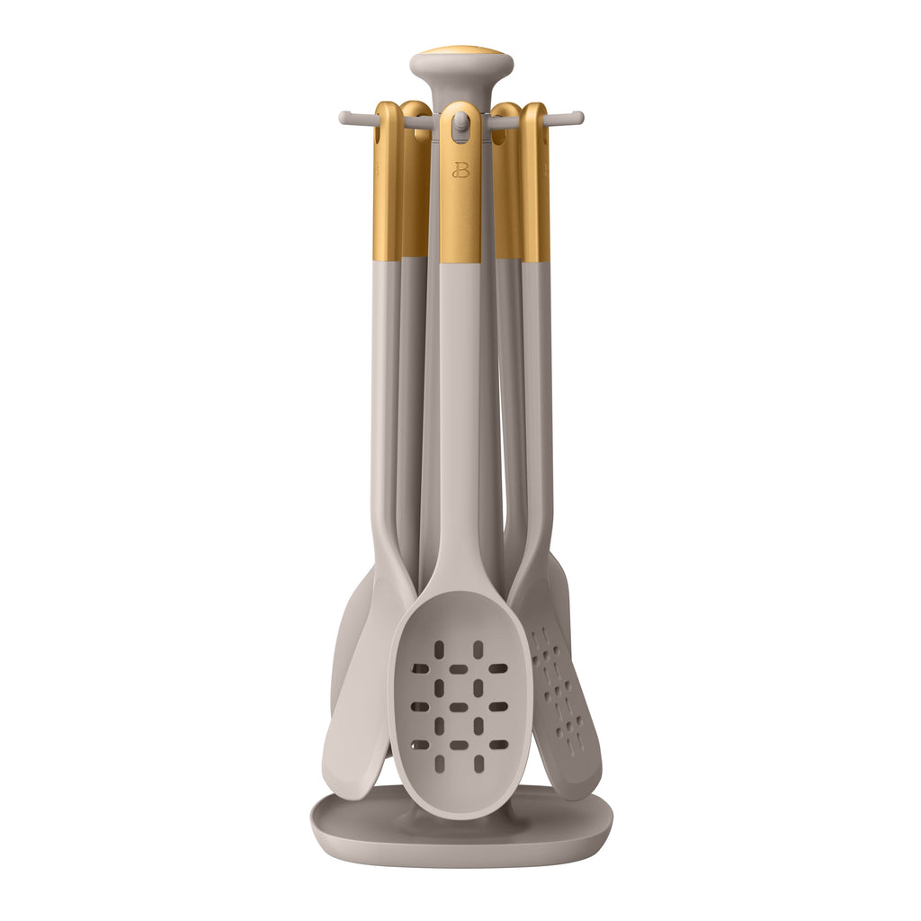 6-Piece Silicone Kitchen Utensil Tool Set with Rotating Rack , Porcini Taupe