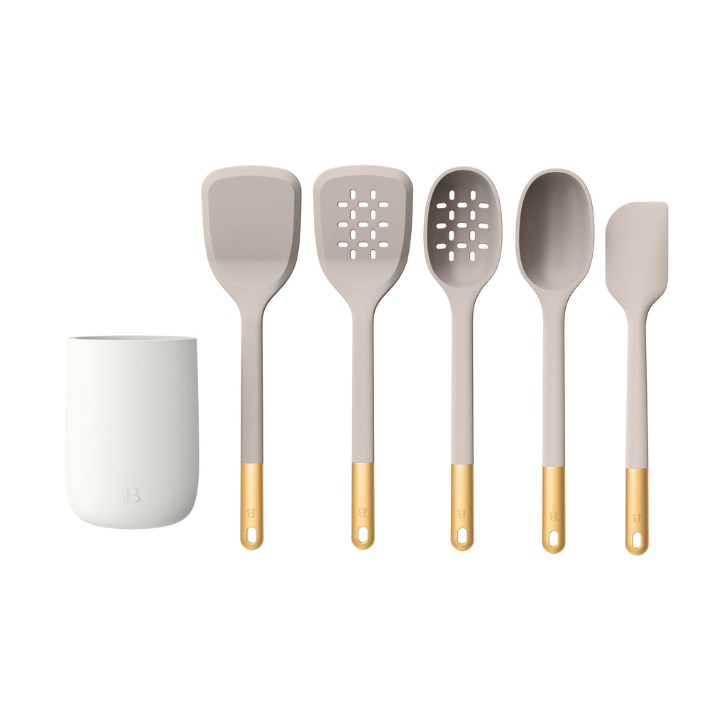 6-Piece Silicone Tool Set with Ceramic Crock, Porcini Taupe