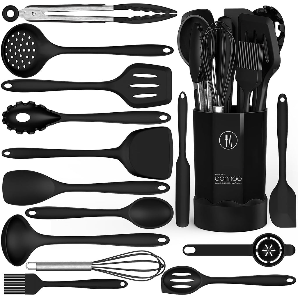 Black Silicone Cooking Utensils Set - 446°F Heat Resistant Kitchen Utensils,Turner Tongs,Spatula,Spoon,Brush,Whisk,Kitchen Utensil Gadgets T