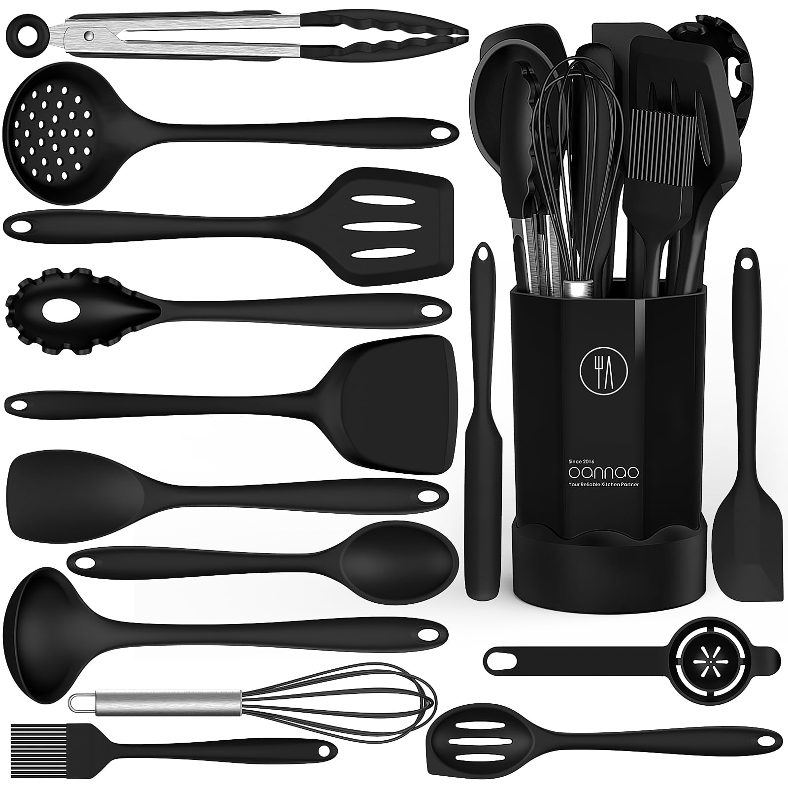 Black Silicone Cooking Utensils Set - 446°F Heat Resistant Kitchen Utensils,Turner Tongs,Spatula,Spoon,Brush,Whisk,Kitchen Utensil Gadgets T