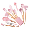 Kitchen Utensils & Gadgets,Wooden Handle Silicone Kitchenware Set 14 Piece Round Barrel Set Non Stick Pot Cooking Spo...