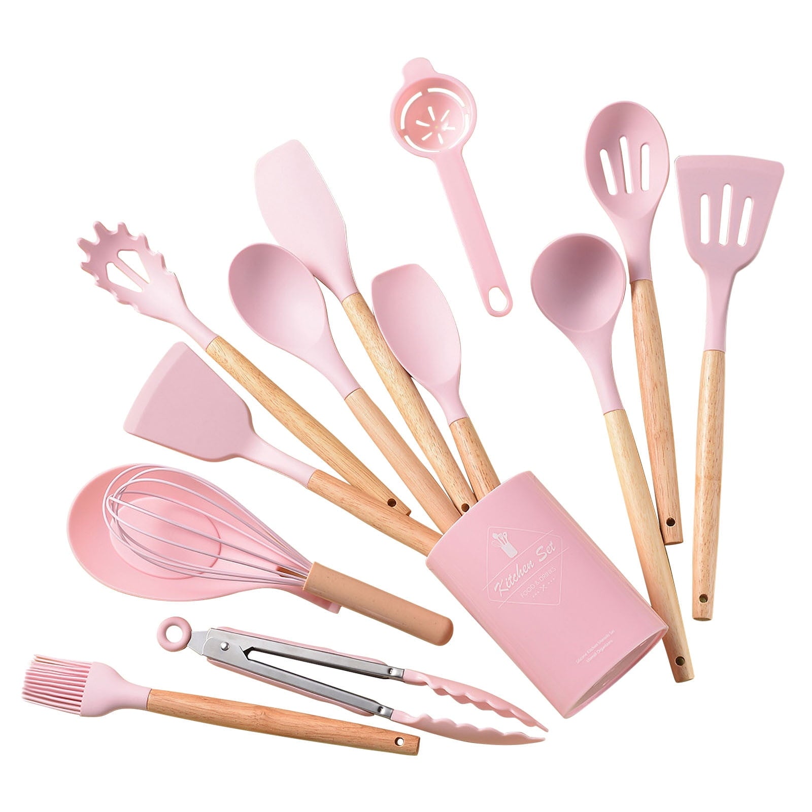 Kitchen Utensils & Gadgets,Wooden Handle Silicone Kitchenware Set 14 Piece Round Barrel Set Non Stick Pot Cooking Spo...