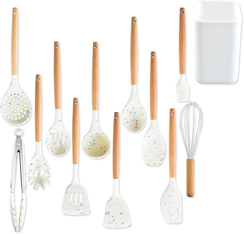 Kitchen Cooking Utensils Set, Wooden Handle Silicone Kitchen Gadgets Utensil Set,11 pcs Non-Stick Silicone Cooking Ki...
