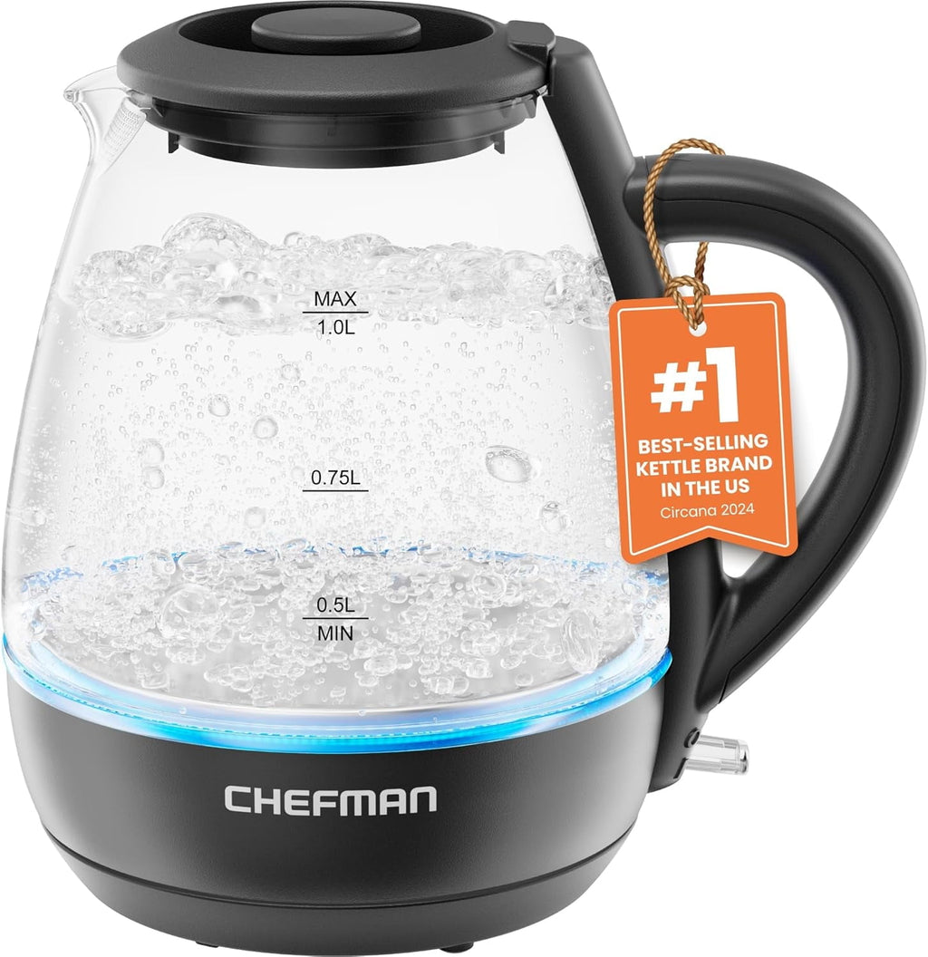 1L Electric Glass Kettle w/ LED Indicator Light, Automatic Shutoff - Black