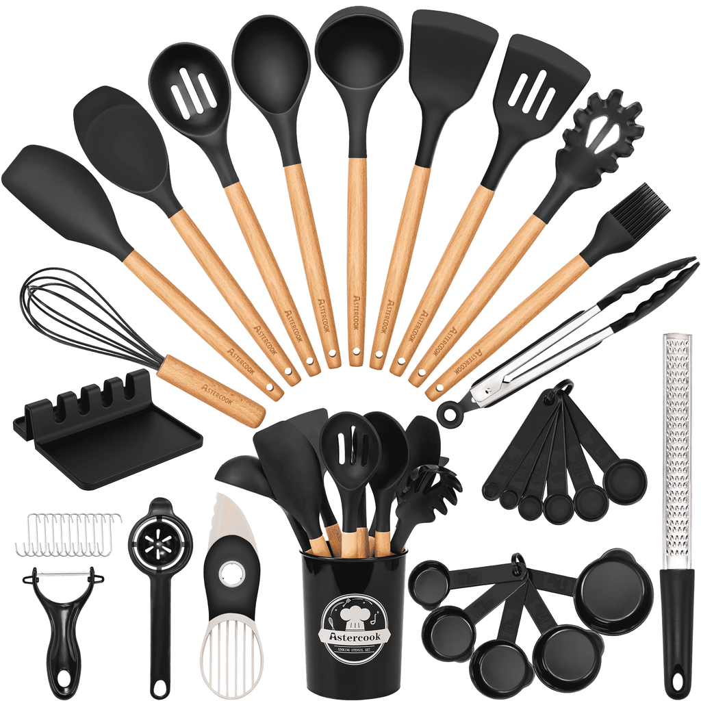 Astercook Silicone Cooking Utensils Set, 38 PCS Kitchen Utensils Set for 446°F Heat Resistant, Food Grade Utensil Sets with Wooden Handle, K