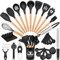 Astercook Silicone Cooking Utensils Set, 38 PCS Kitchen Utensils Set for 446°F Heat Resistant, Food Grade Utensil Sets with Wooden Handle, K