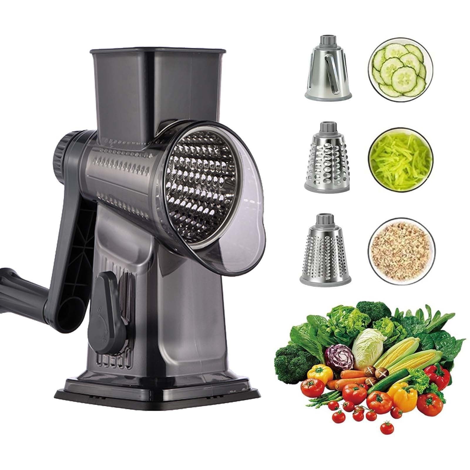 Multifunctional Vegetable Cutter & Grater, Hand Crank Rotary Slicer with 3 Stainless Steel Blades for Cheese, Potatoe...