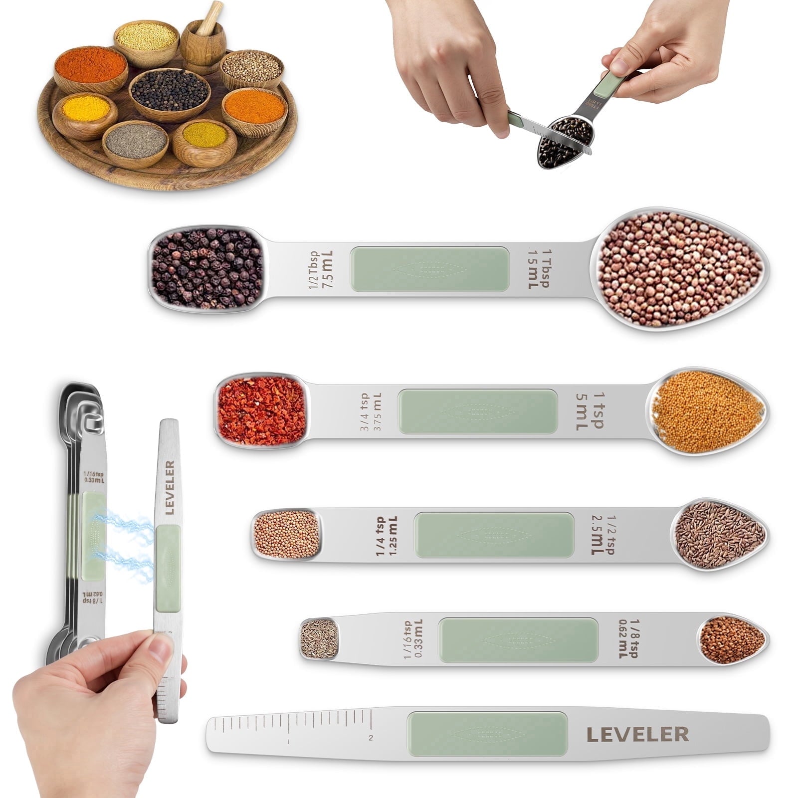 Magnetic Measuring Spoons with Leveler, Stainless Steel Dual Sided Nestable Measuring Spoon, Stackable Teaspoon for M...