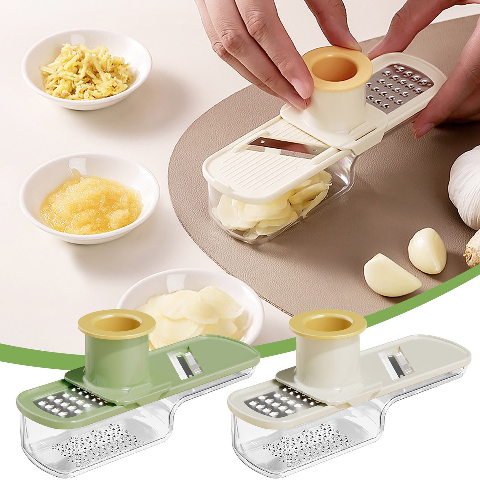 Garlic Grinder Vegetable Chopper, Stainless Steel Hand Crank Multi-function Food Prep Tool with Interchangeable Blades for Dicing and Shredd