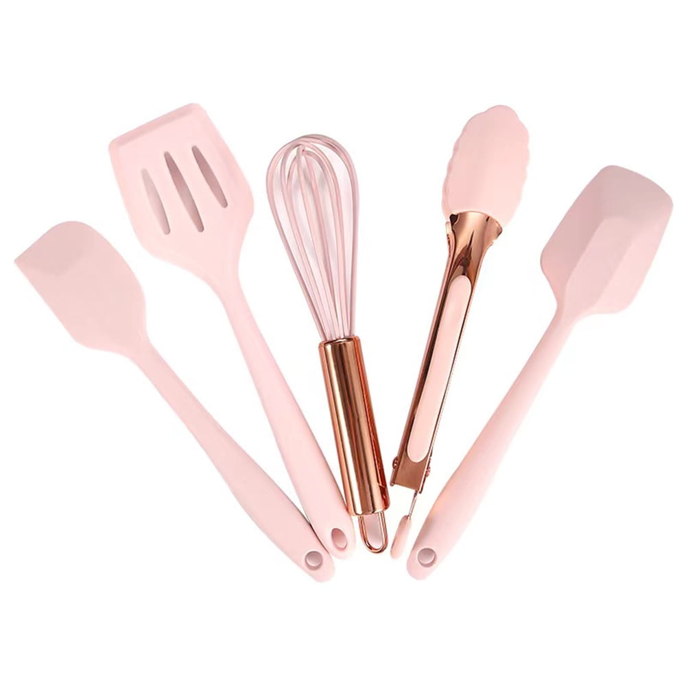 Rose Gold And Pink Kitchen Utensil Small Five-Piece Set Mini Silicone Kids Kitchen Tools Whisk Spatula Tongs Spoon An...