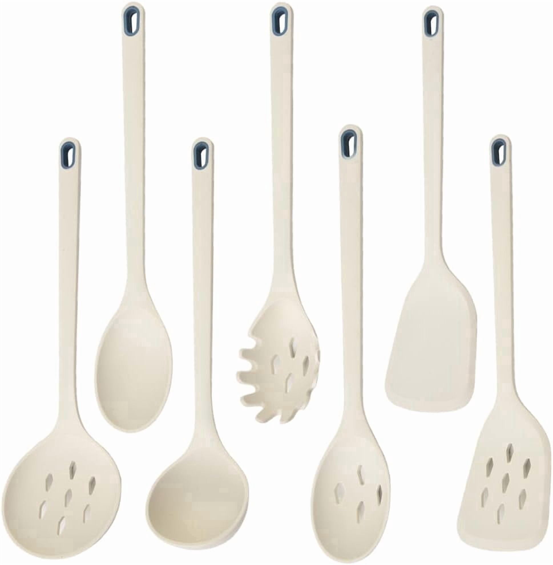 7" Long Silicone Cooking Utensils Set, One-Piece Style Nonstick Slotted Spoons, Spatulas, Ladle and Spoon Set, 446F H...