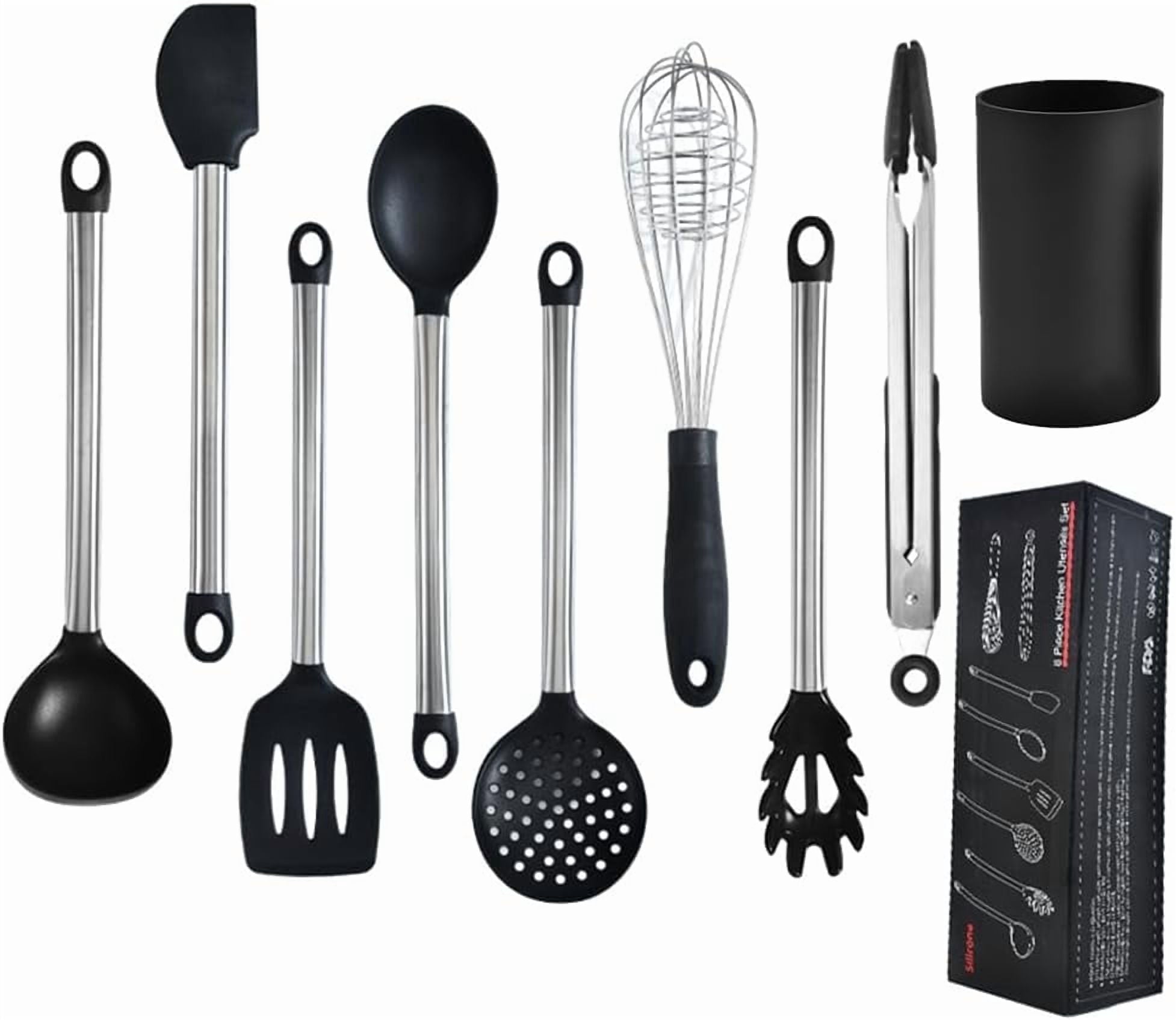 9-Piece Silicone Cooking Utensils Set with Holder, Heat Resistant Kitchen Utensils Set of Slotted Spatula, Spoons, Wh...