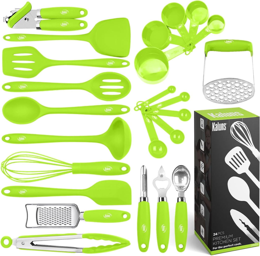 Kaluns Silicone Cooking Utensils Set 24 Pcs - Premium Heat Resistant Cooking Set & Kitchen Essentials - Non-Stick Kitchenware with Stainless