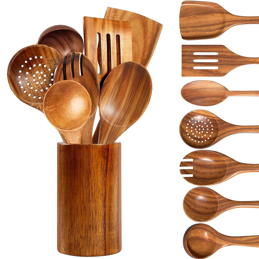 Wooden Spoons for Cooking, 8 Pcs Natural Teak Wooden Utensils Set, Non-Stick & Heat Resistant Durable Wood Kitchen Ut...