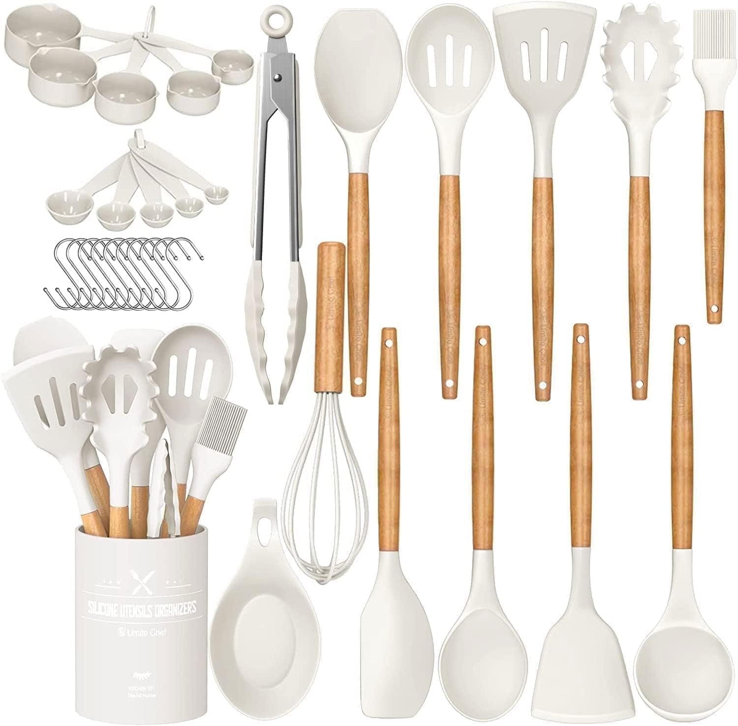 Kitchen Cooking Utensils Set, 33 pcs Non-stick Silicone Cooking Kitchen Utensils Spatula Set with Holder, Wooden Handle Silicone Kitchen Gad