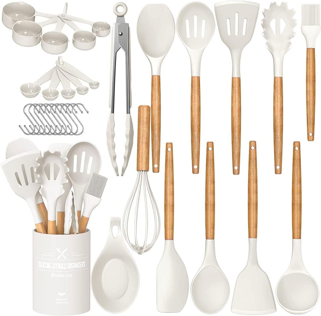 Kitchen Cooking Utensils Set, 33 pcs Non-stick Silicone Cooking Kitchen Utensils Spatula Set with Holder, Wooden Handle Silicone Kitchen Gad