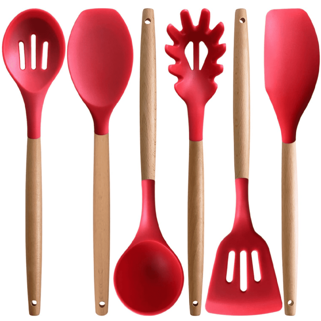 Kitchen Cooking Utensils Set 6Pcs Heat Resistant Silicone Kitchen Utensils Spatula Spoon Turner Ladle w Wooden Handle...